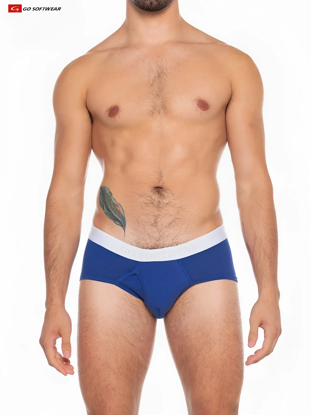 Blue men’s briefs boost padded front pouch brief with white waistband featuring go softwear logo for enhanced support