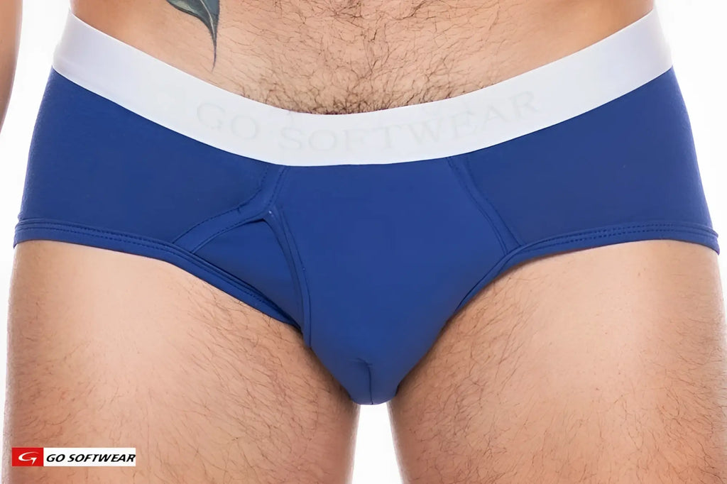 Blue go softwear boost padded front pouch brief in blue with a white waistband made from soft material