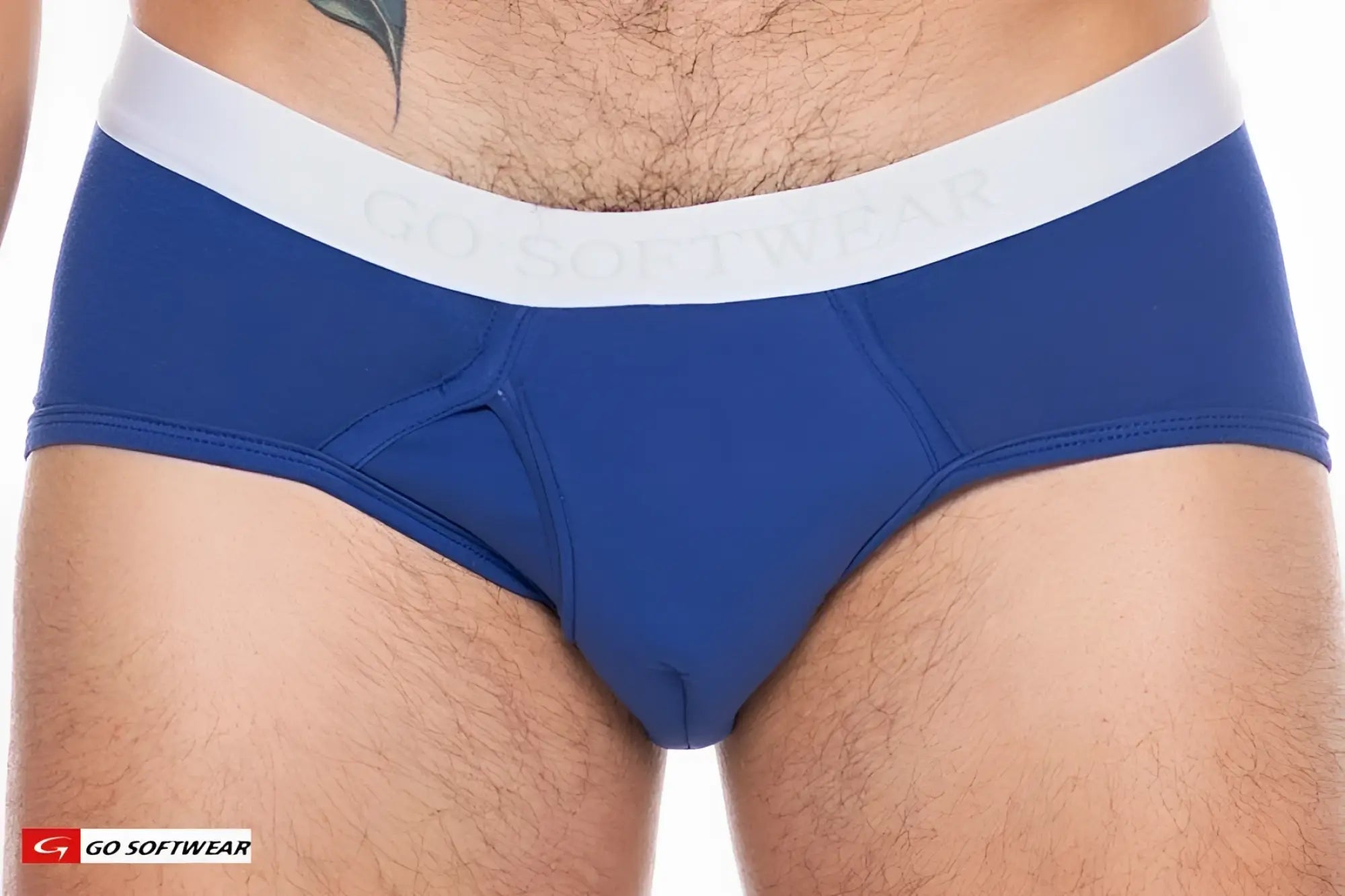 Blue go softwear boost padded front pouch brief in blue with a white waistband made from soft material