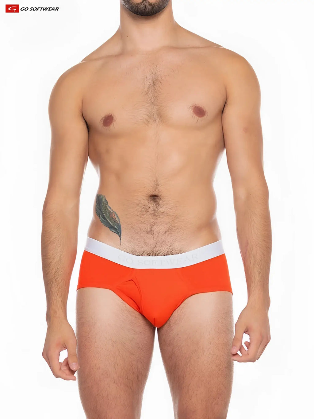 Bright orange boost padded front pouch brief with white elastic waistband and modern clean design