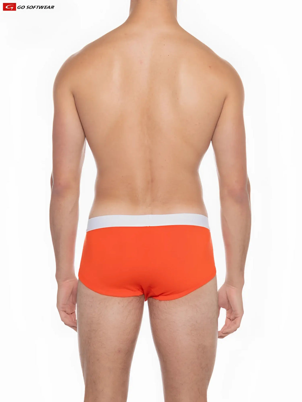 Bright orange boost padded front pouch brief with white waistband and smooth fabric finish for enhanced comfort