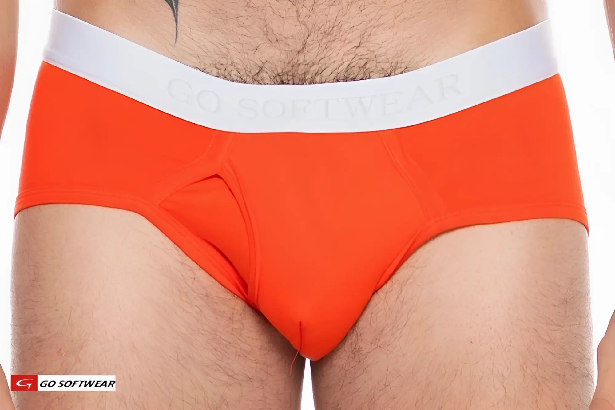 Bright orange boost padded front pouch briefs with white waistband featuring go softwear logo for enhanced support