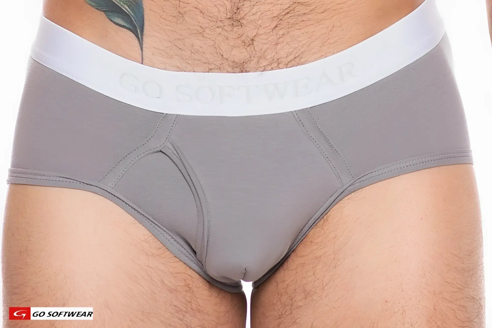 Gray men’s boost padded front pouch briefs with white elastic waistband featuring go softwear brand name