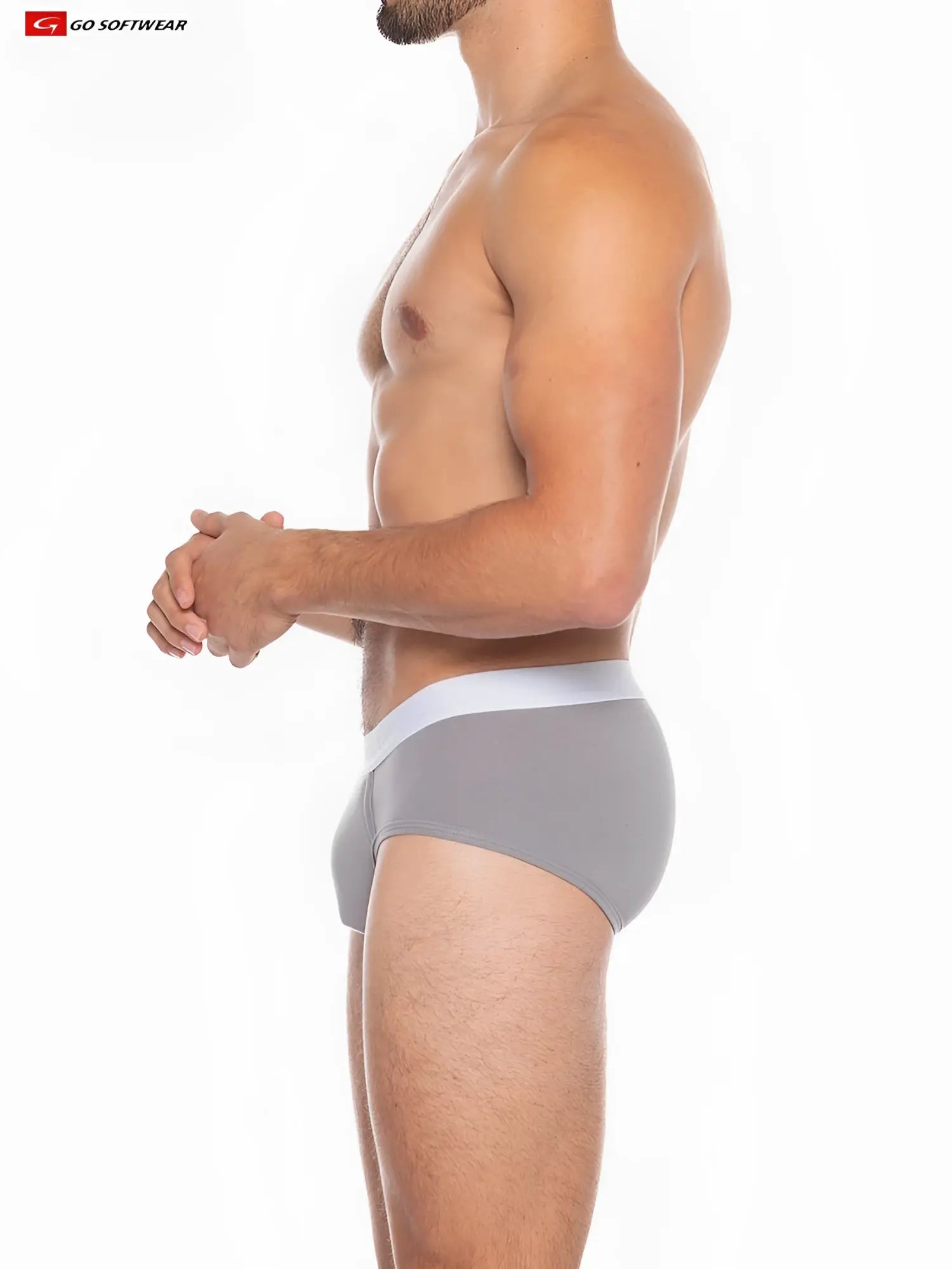 Gray boost padded front pouch brief with white waistband featuring sleek modern design and comfortable fit