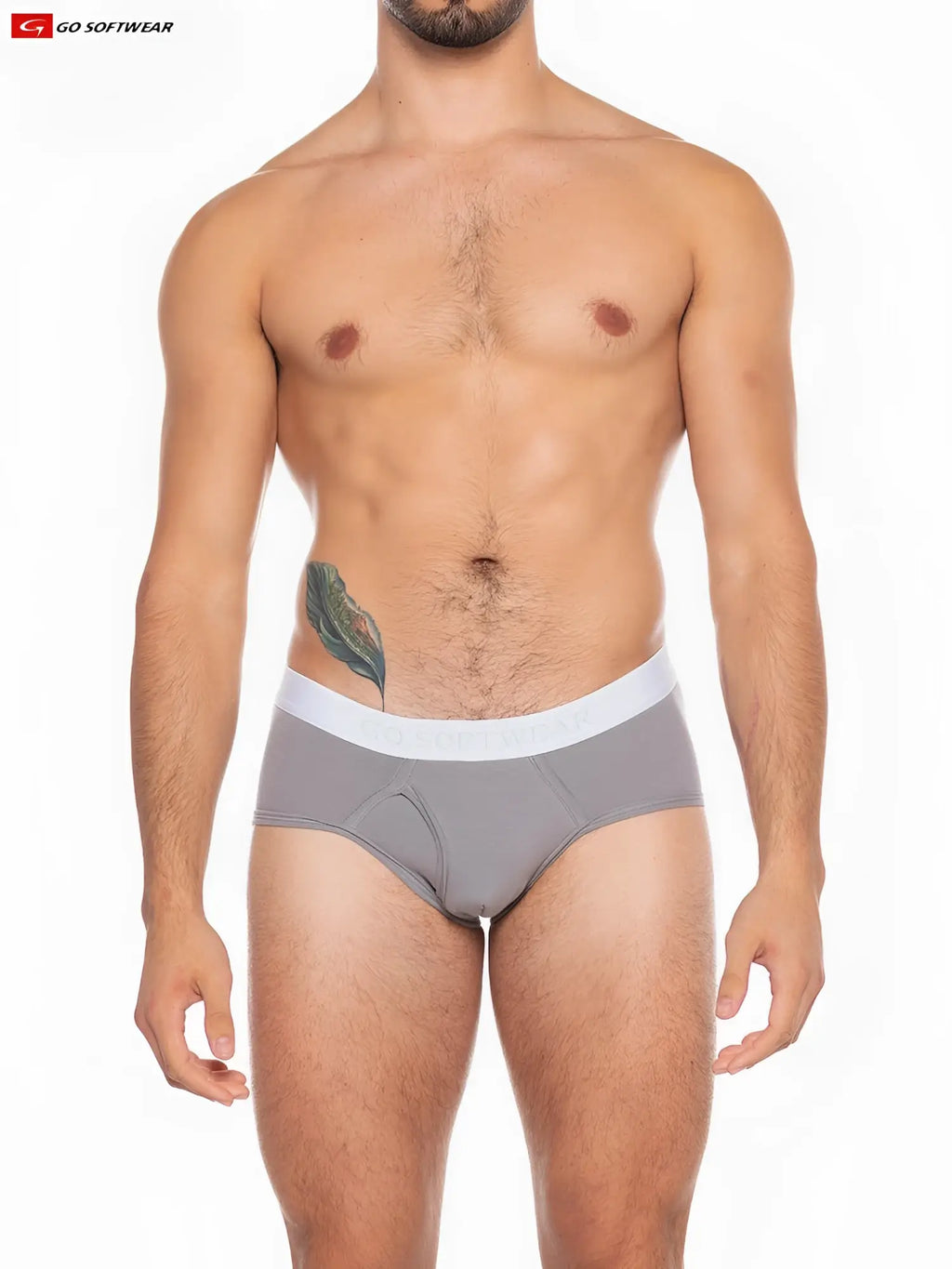 Gray boost padded front pouch briefs with white waistband featuring go softwear logo for enhanced comfort