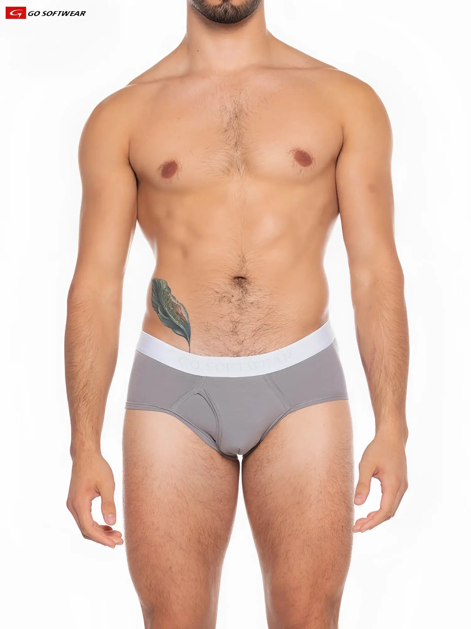 Gray boost padded front pouch briefs with white waistband featuring go softwear logo for enhanced comfort