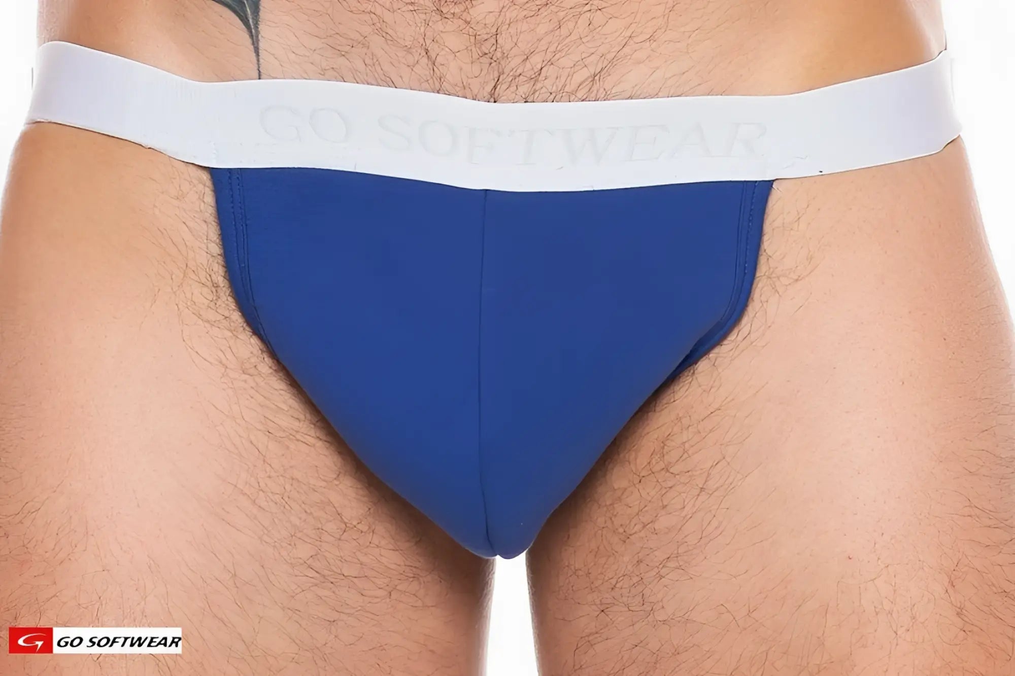 Blue boost padded jockstrap briefs with white waistband featuring brand logo for comfortable support
