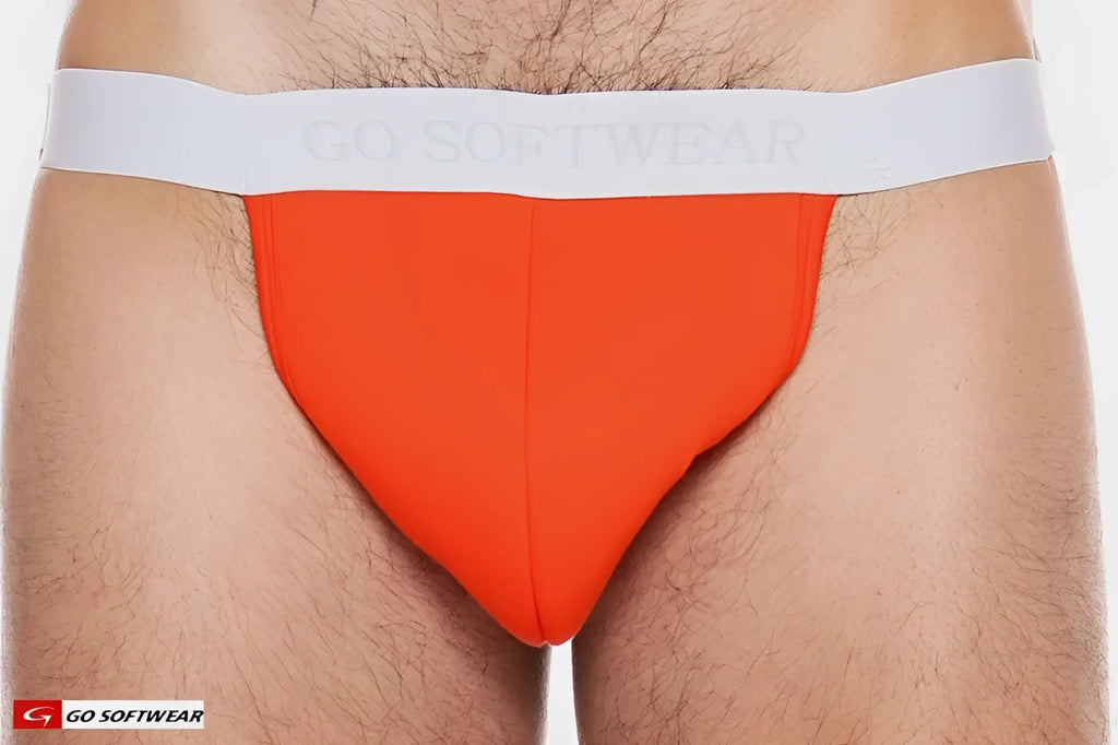 Bright orange boost padded jockstrap briefs with white go softwear logo waistband designed for athletic support