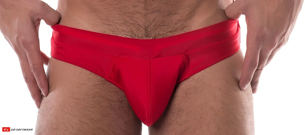 Red satin boost swim brief with smooth glossy finish and contoured design