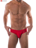 Red boost swim brief with smooth stretchy fabric and contoured design in form-fitting swimwear style