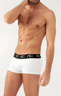 White boxer briefs with black elastic waistband featuring repeating as logos designed for boosting short trunks