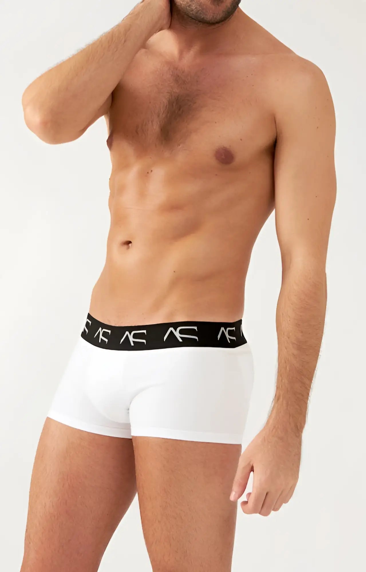 White boxer briefs with black elastic waistband featuring repeating as logos designed for boosting short trunks