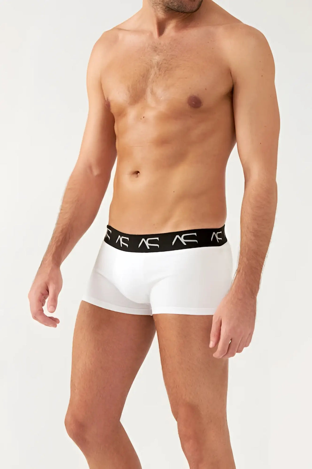 White boxer briefs with a black elastic waistband featuring repeating ac logos from the boosting soft trunks line