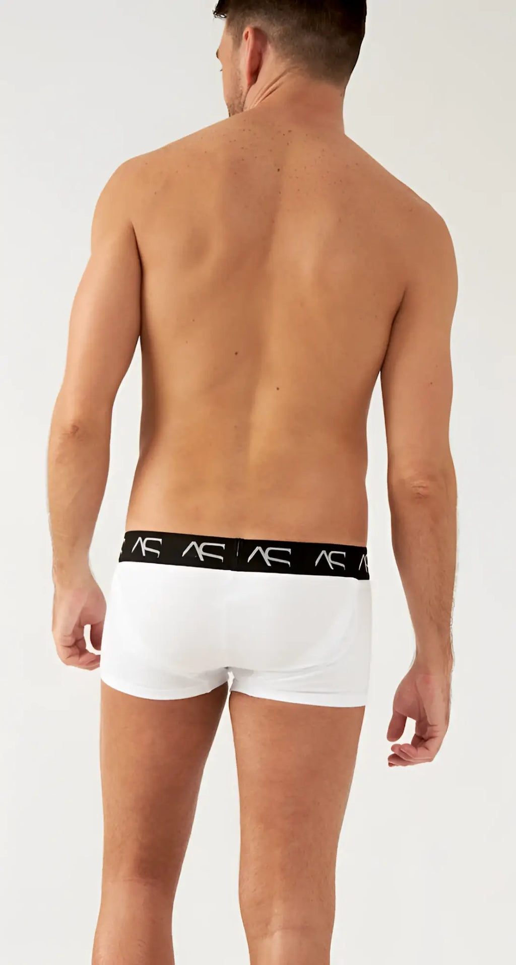 White boxer briefs with black elastic waistband featuring repeating af logos designed for boosting soft trunks comfort