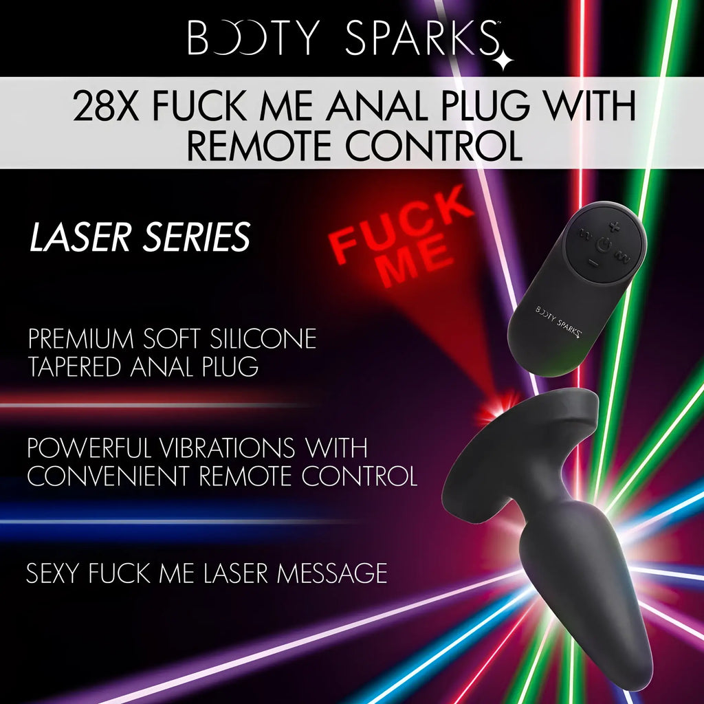 Booty Sparks 28X silicone anal plug and remote, displayed against a black background with colorful laser light effects.
