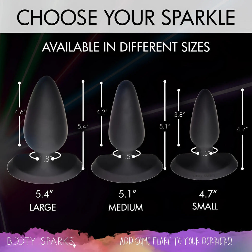 Three black silicone Booty Sparks anal plugs in small, medium, and large sizes with dimensions labeled.