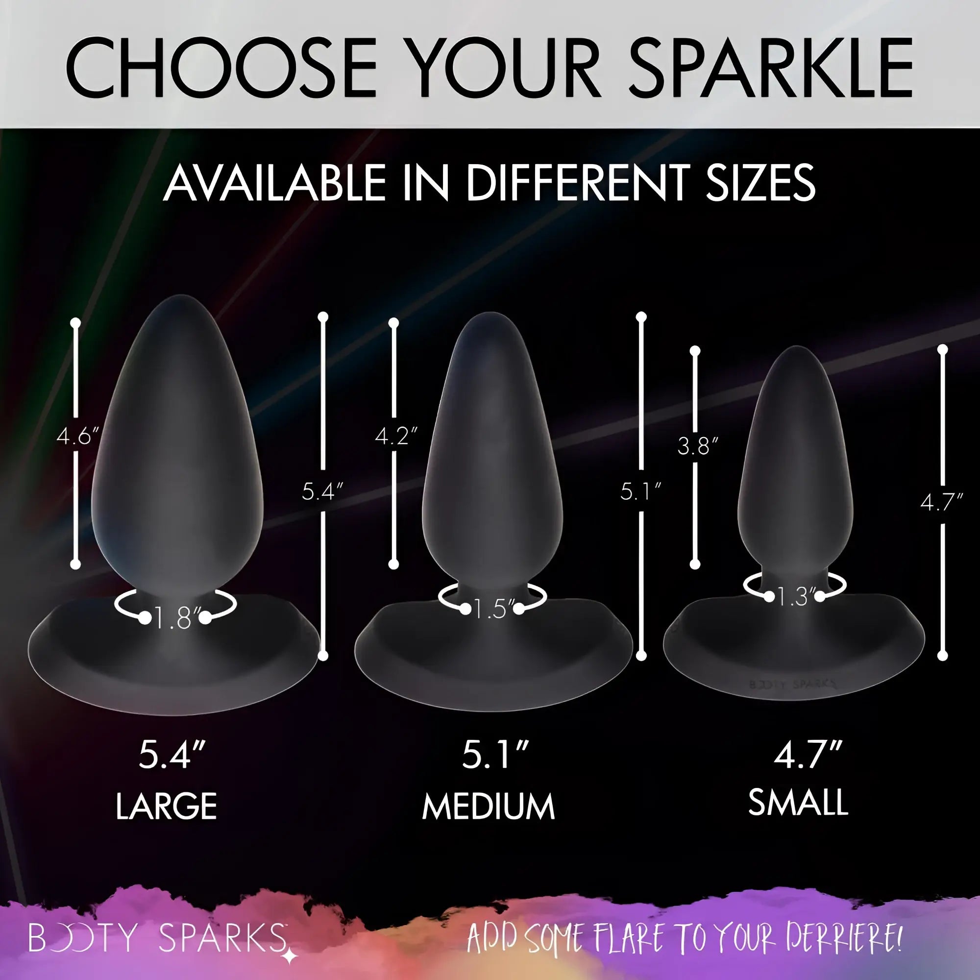 Three black silicone Booty Sparks anal plugs in small, medium, and large sizes with dimensions labeled.