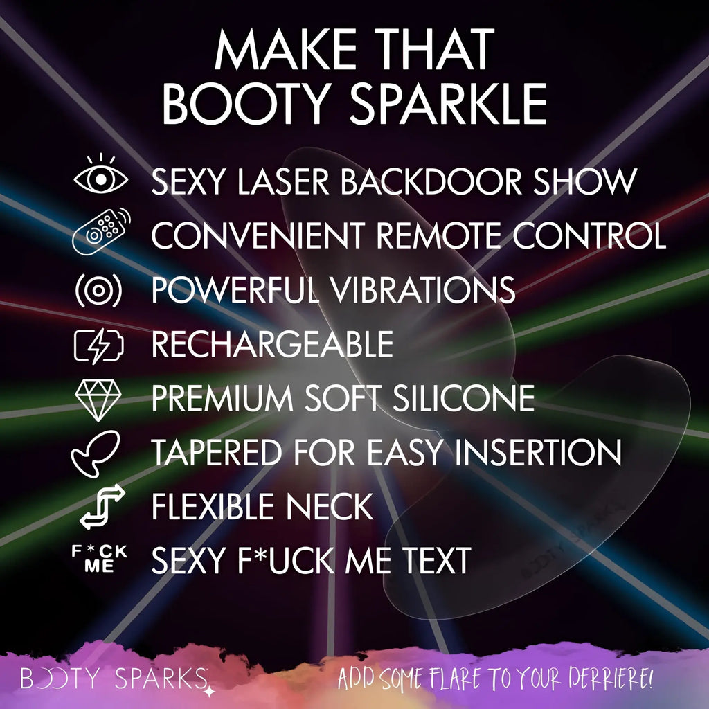 Booty Sparks 28X laser anal plug in black silicone with remote, featuring product feature icons on a light-streaked background.