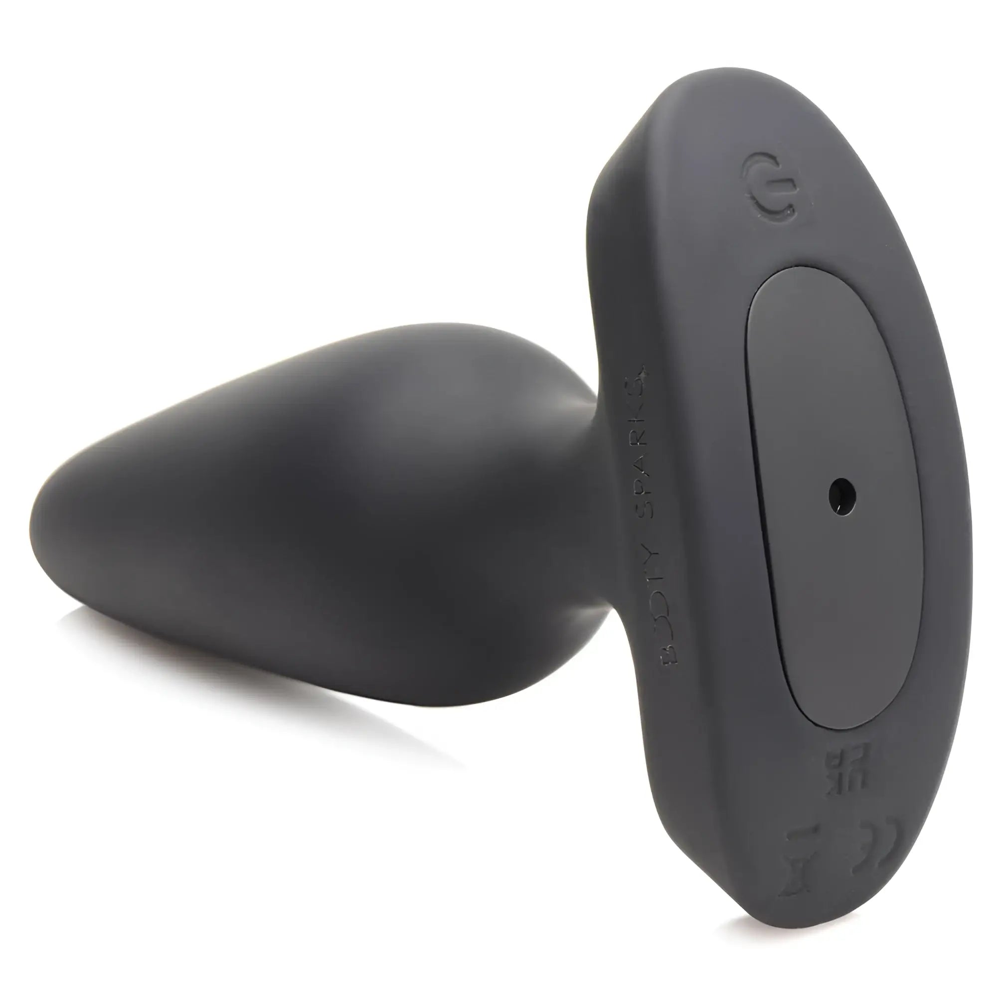Booty Sparks 28X black silicone anal plug with a heart-shaped base and power button, isolated on a white background.