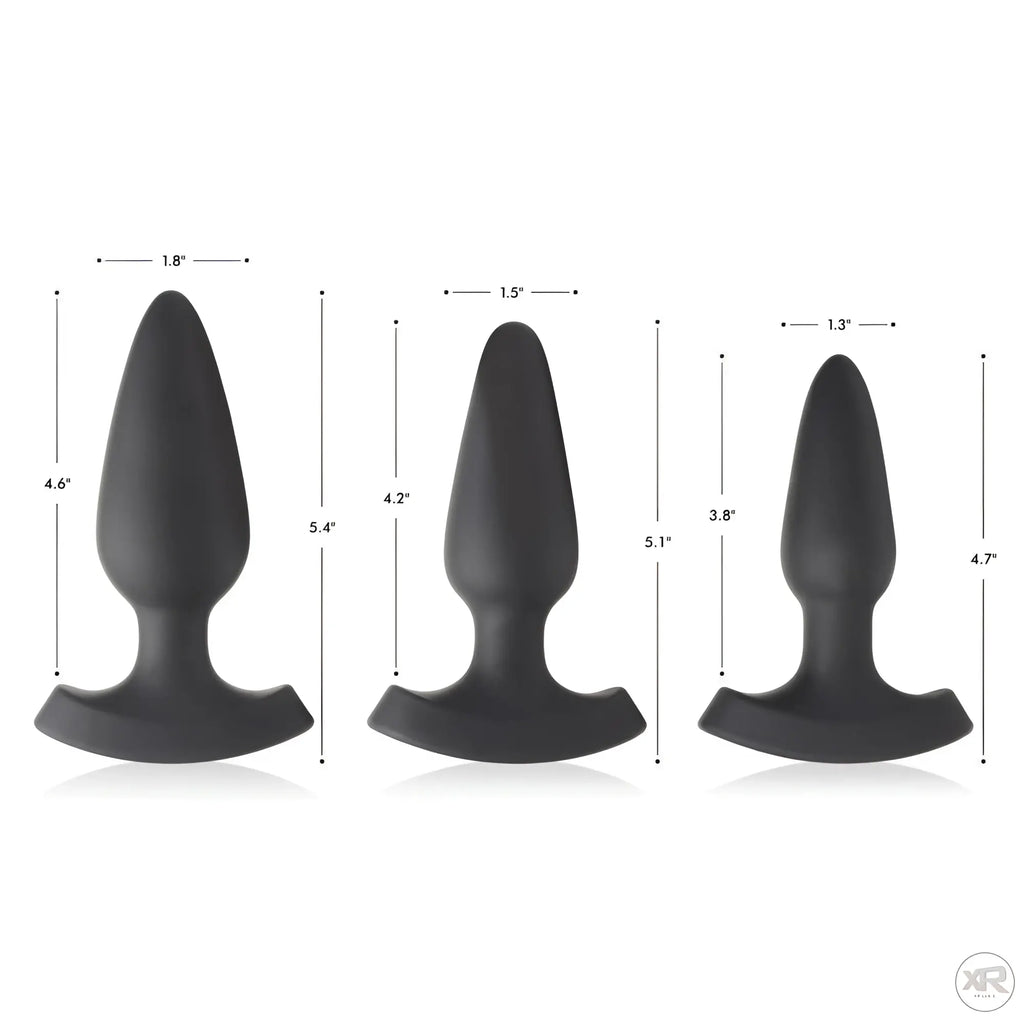 Three black silicone Booty Sparks anal plugs of varying sizes shown with height and width measurement annotations.