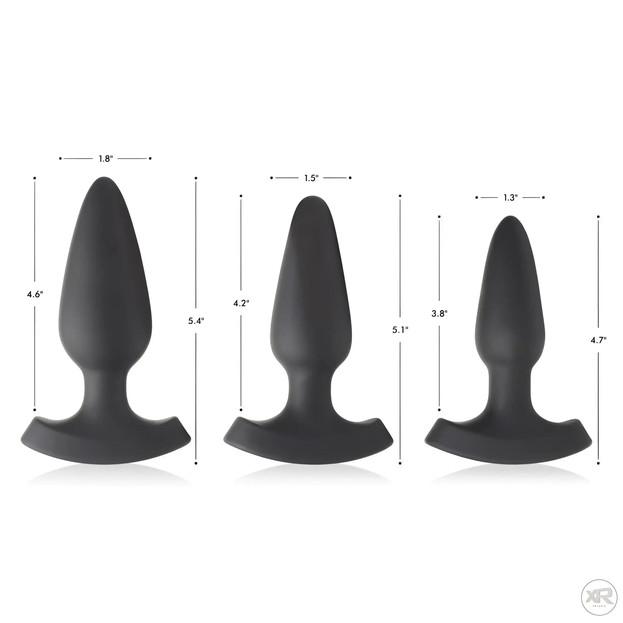 Three black silicone Booty Sparks anal plugs of varying sizes shown with height and width measurement annotations.