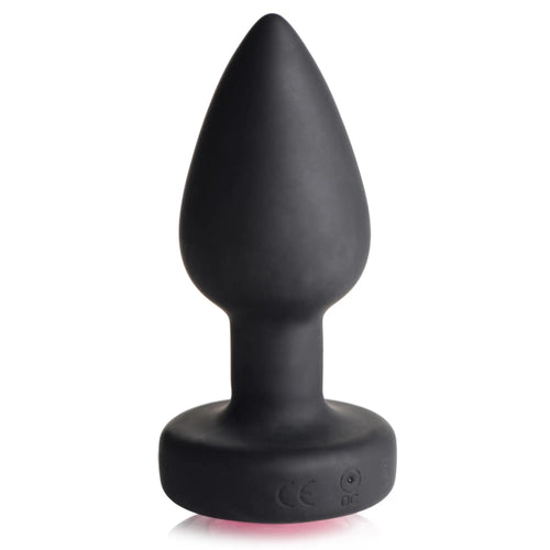 Booty Sparks 28X vibrating matte black silicone anal plug with a teardrop shape and a flat base.