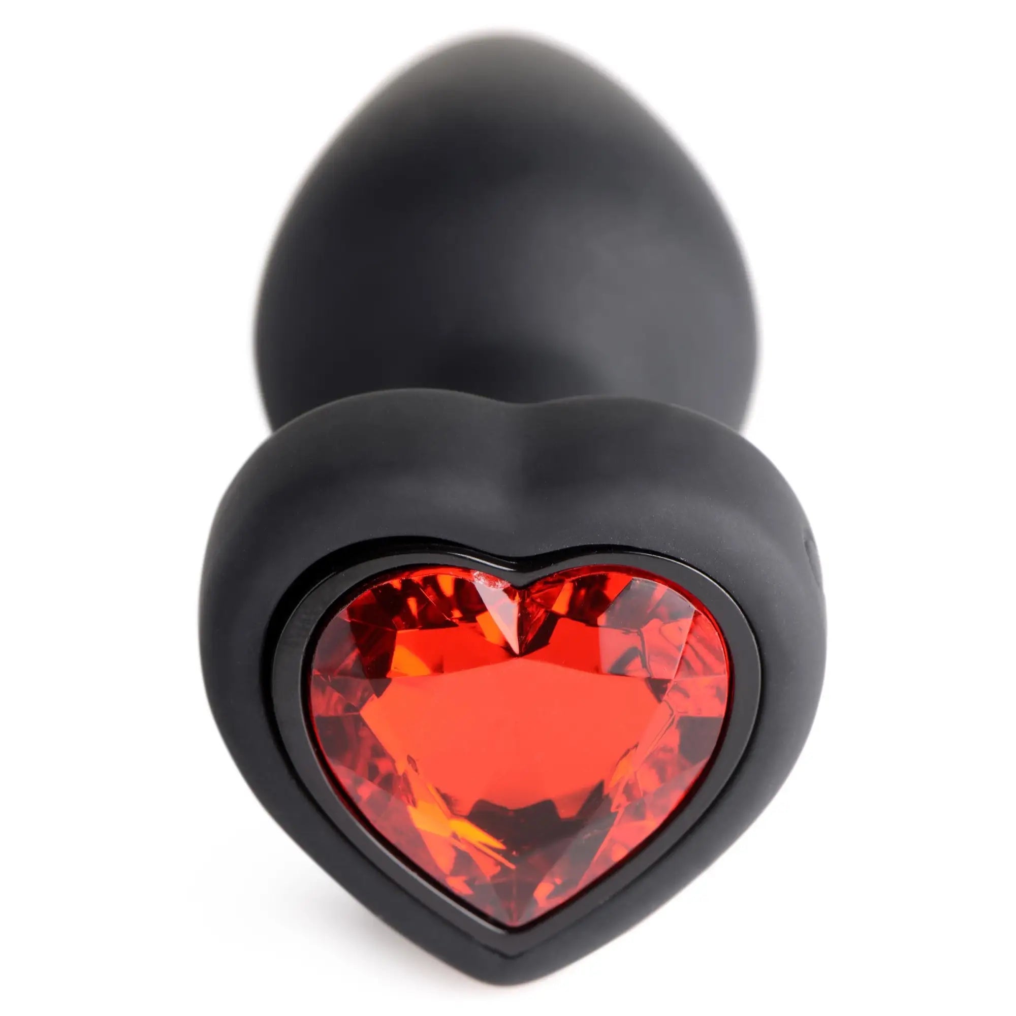 Booty Sparks 28X vibrating anal plug in matte black silicone featuring a large, faceted red heart gem base.