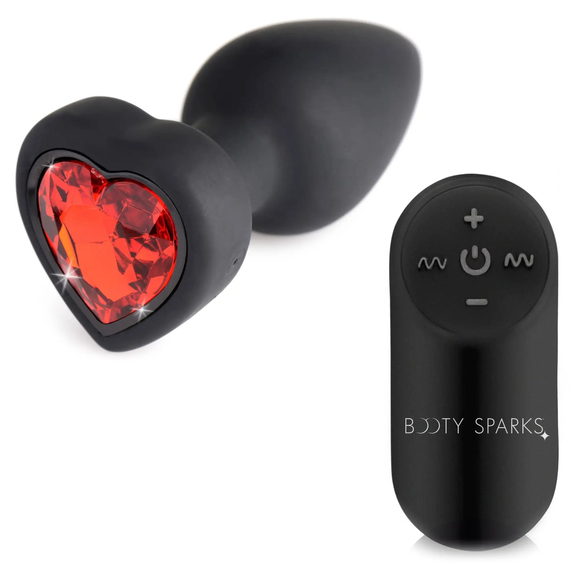 Booty Sparks 28X vibrating black silicone anal plug with a sparkling red heart-shaped base and a wireless remote.