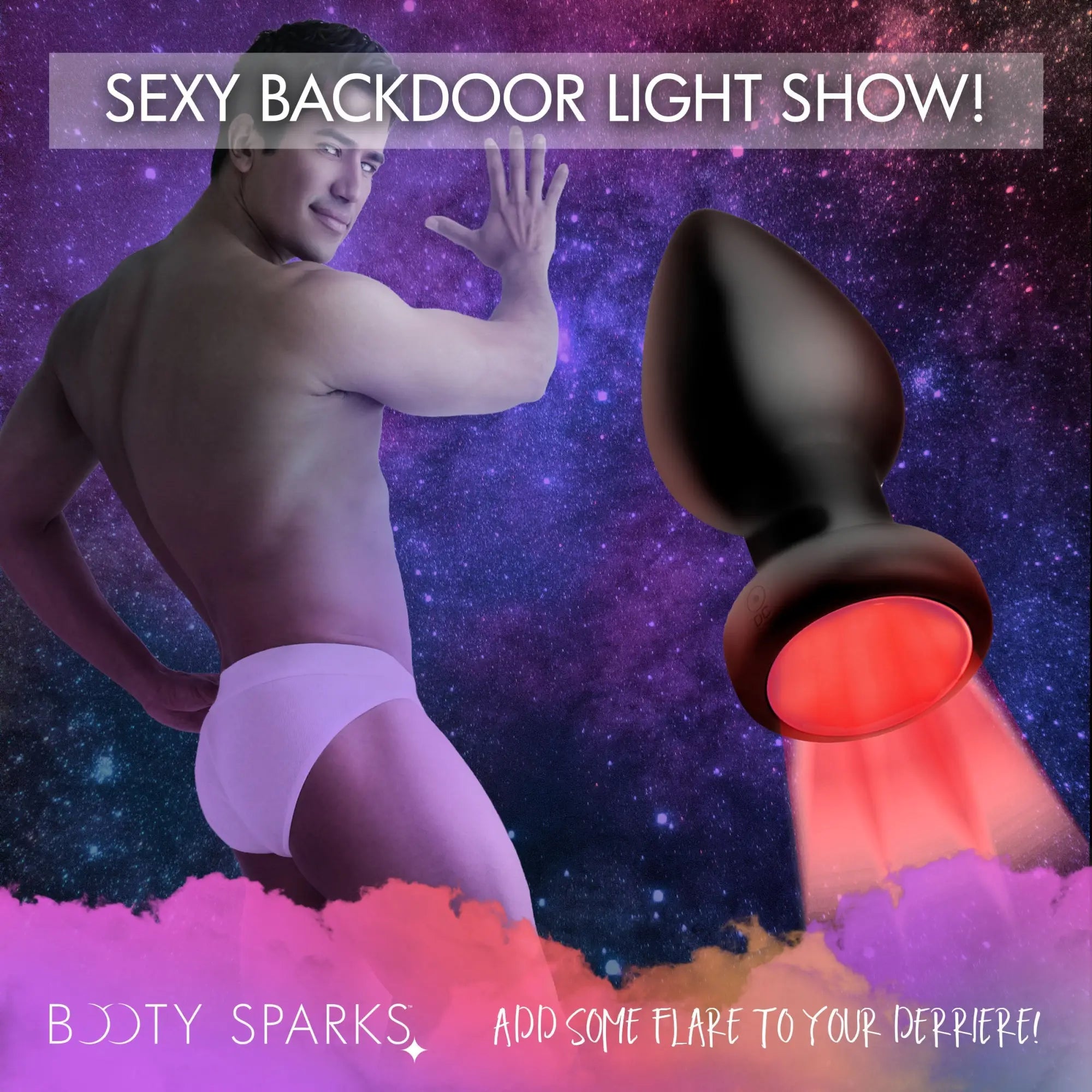 Booty Sparks 7X light-up plug: A black, teardrop-shaped anal plug emitting a bright red light against a cosmic background.