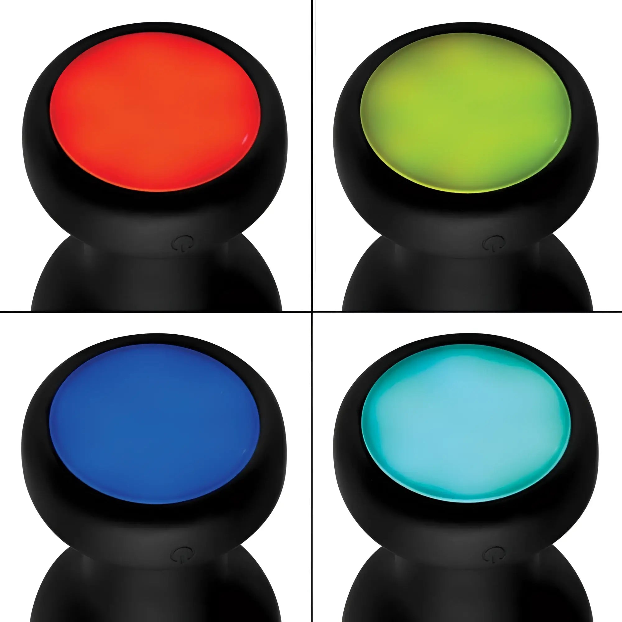 Booty Sparks 7X light-up plug: A black, rechargeable anal plug shown in four different glowing LED color modes.