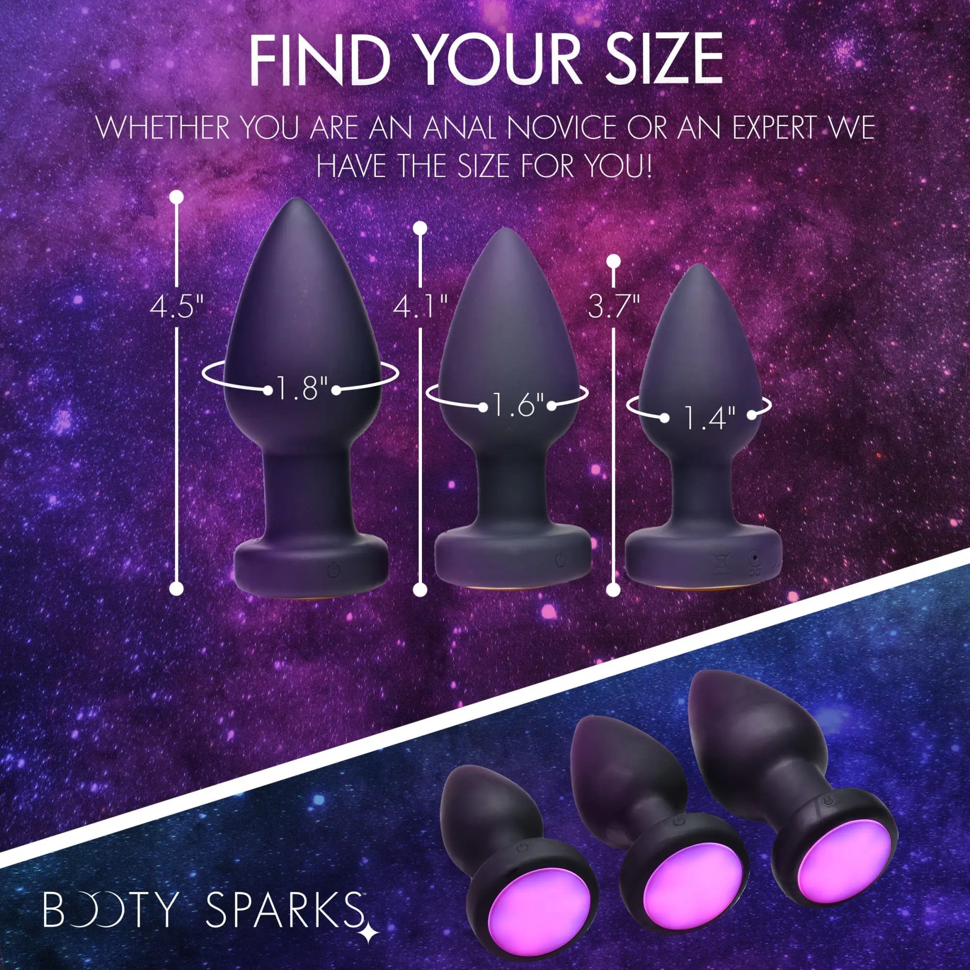 Booty Sparks 7X light-up plugs in three sizes, shown against a purple space background with dimensions labeled.