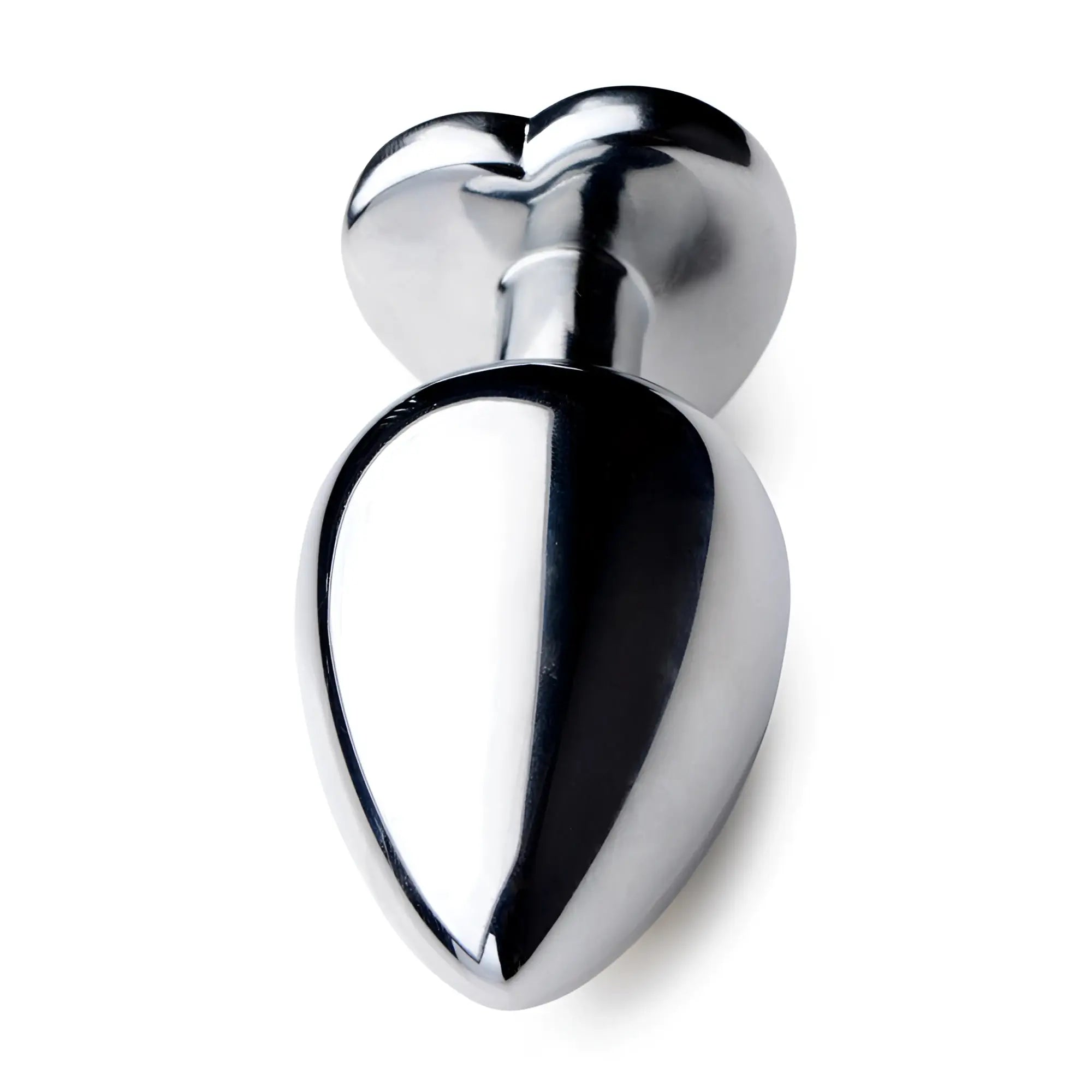 Booty Sparks metal anal plug with a polished silver, teardrop-shaped base and a rounded heart-shaped handle.