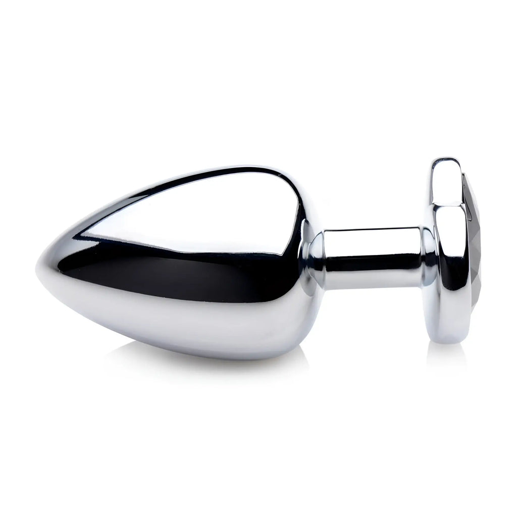 Booty Sparks black heart gem anal plug: a smooth, silver-toned metal plug with a faceted black heart-shaped base.