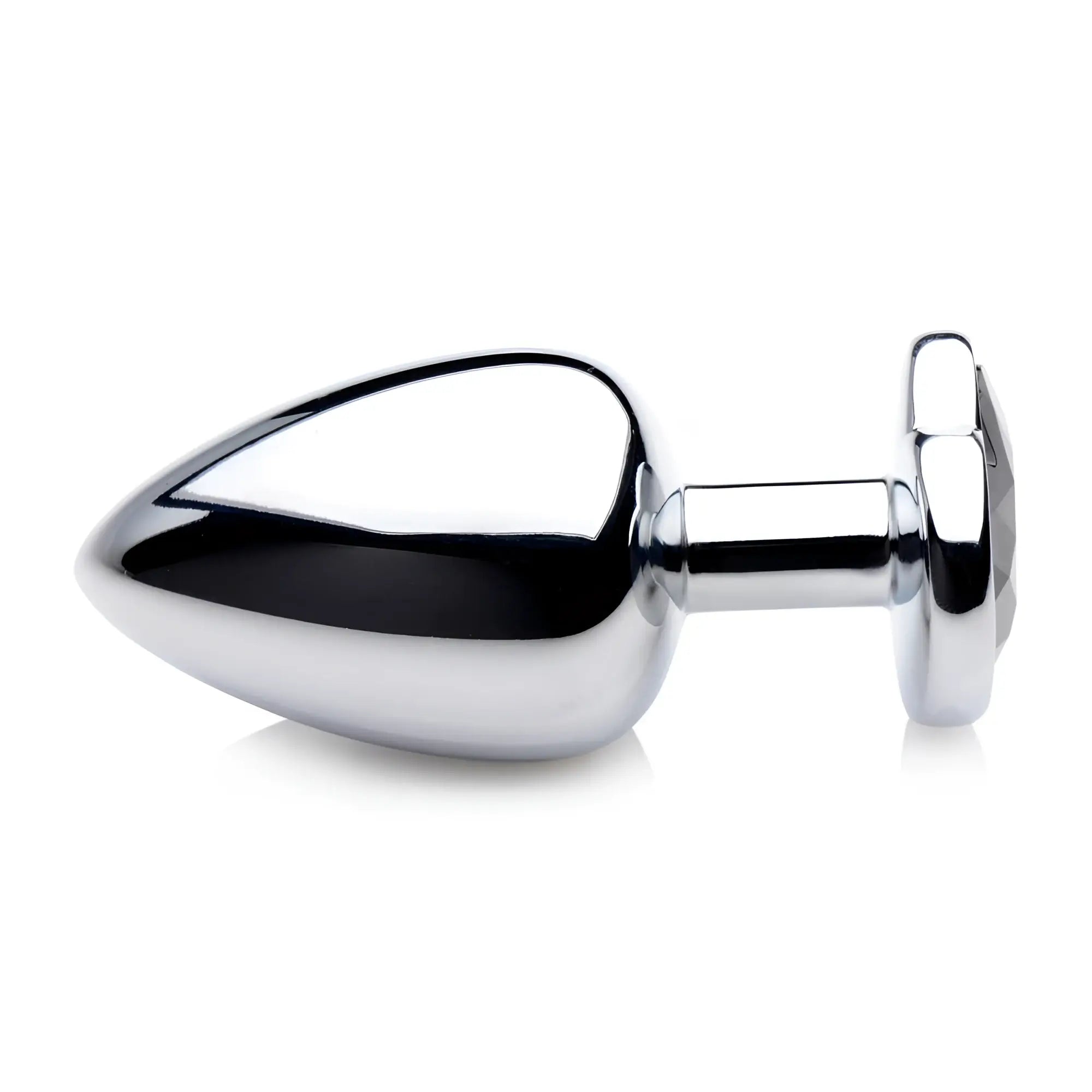Booty Sparks black heart gem anal plug: a smooth, silver-toned metal plug with a faceted black heart-shaped base.