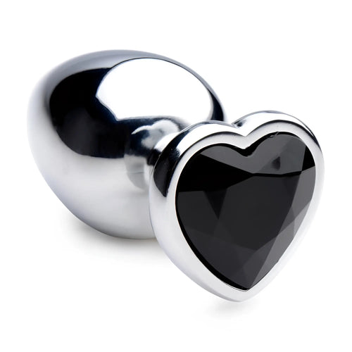 Booty Sparks anal plug with a polished silver base and a faceted black heart-shaped gem on the end.