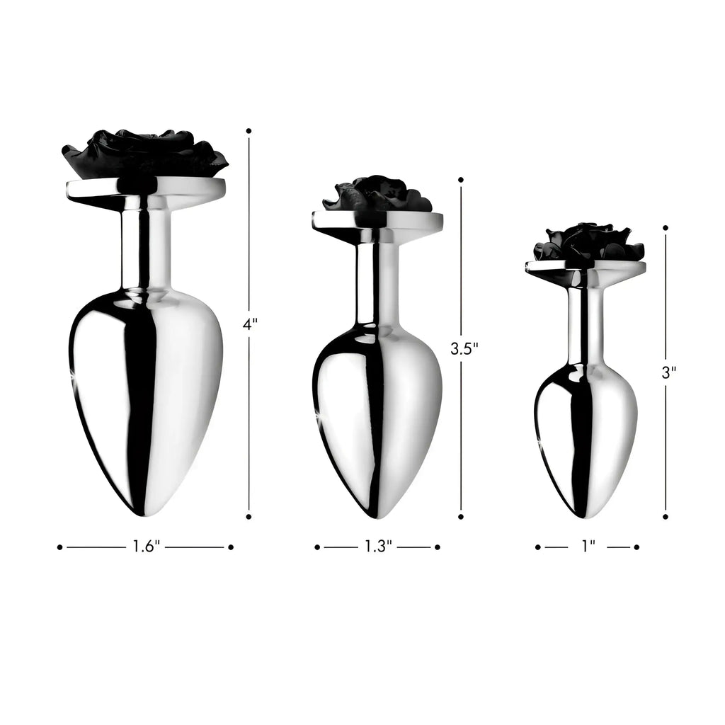 Three sizes of Booty Sparks Black Rose anal plugs, featuring silver chrome bases and black rose-shaped handles.