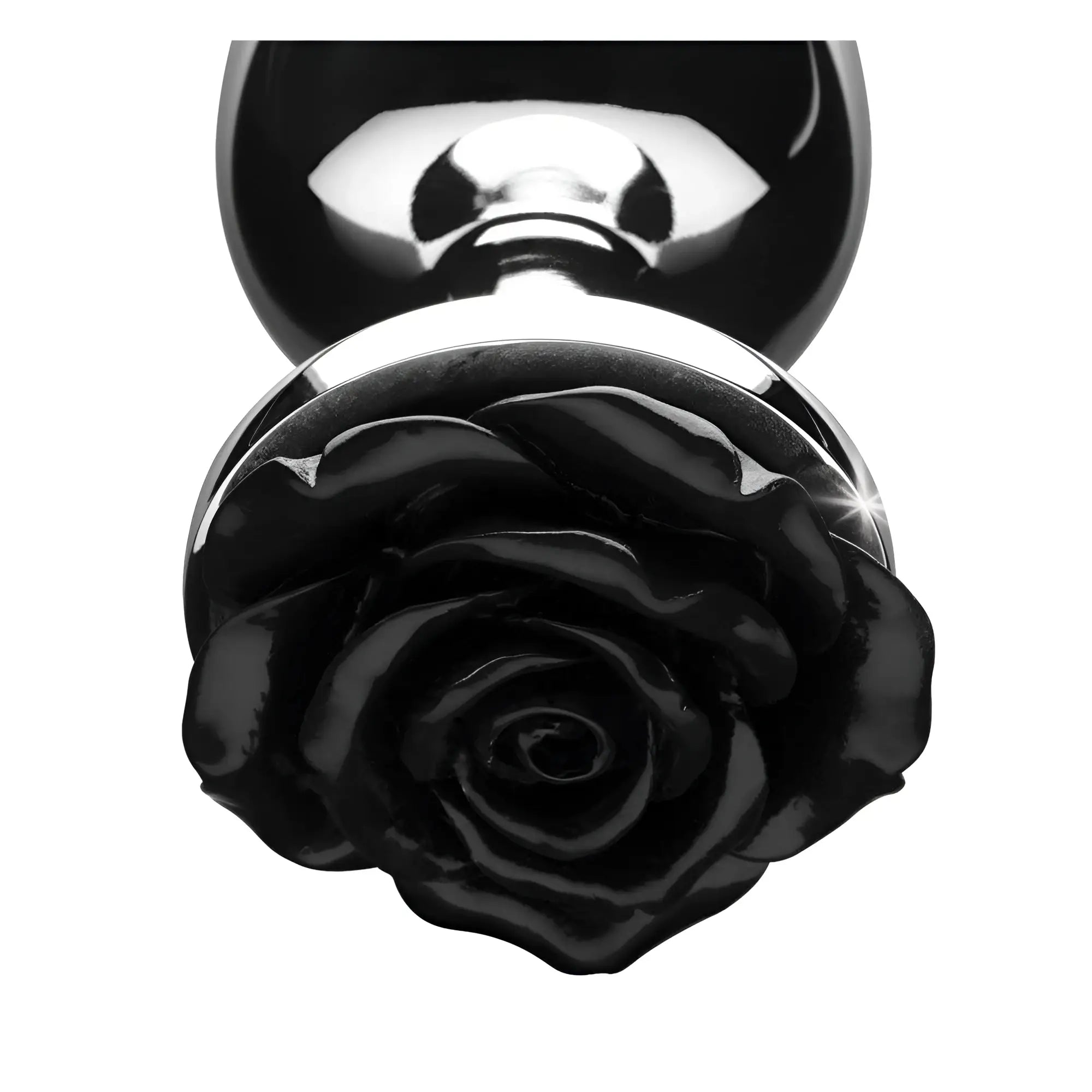 Booty Sparks Black Rose anal plug featuring a glossy black rose base and a polished silver-toned metal stem.