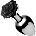 Booty Sparks Black Rose anal plug featuring a polished silver base and a decorative, glossy black rose on the end.