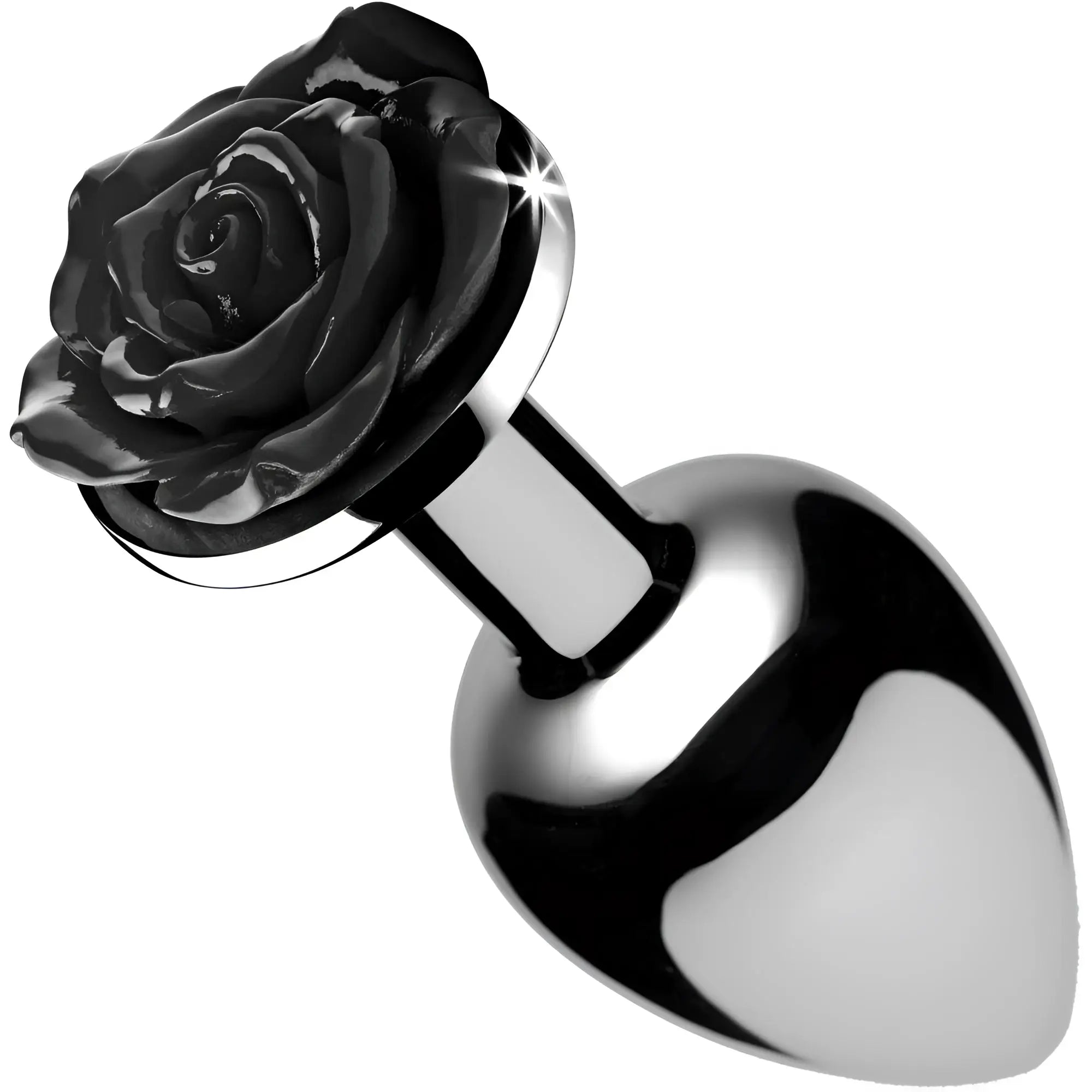 Booty Sparks Black Rose anal plug featuring a polished silver base and a decorative, glossy black rose on the end.