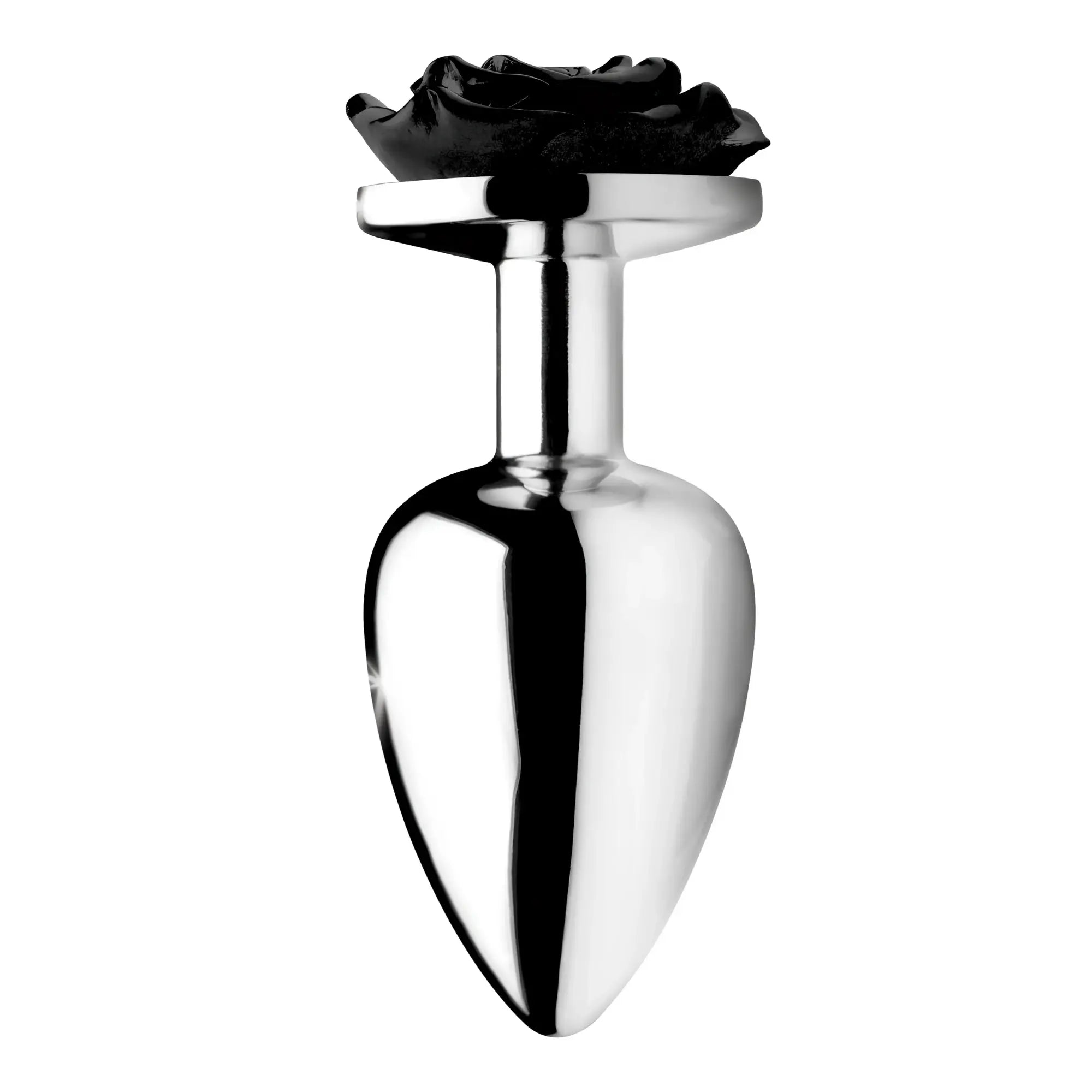 Booty Sparks Black Rose anal plug featuring a smooth, silver-tone tapered base topped with a sculpted black rose.