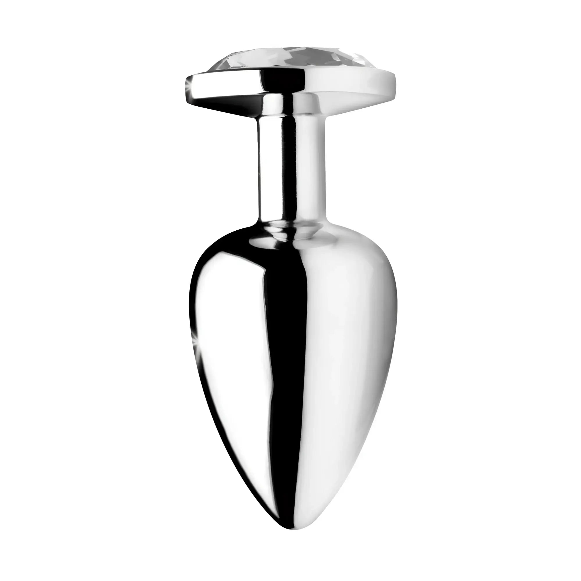 Booty Sparks Anal Plug: A polished, silver-toned metal plug featuring a faceted, clear crystal gem on the base.