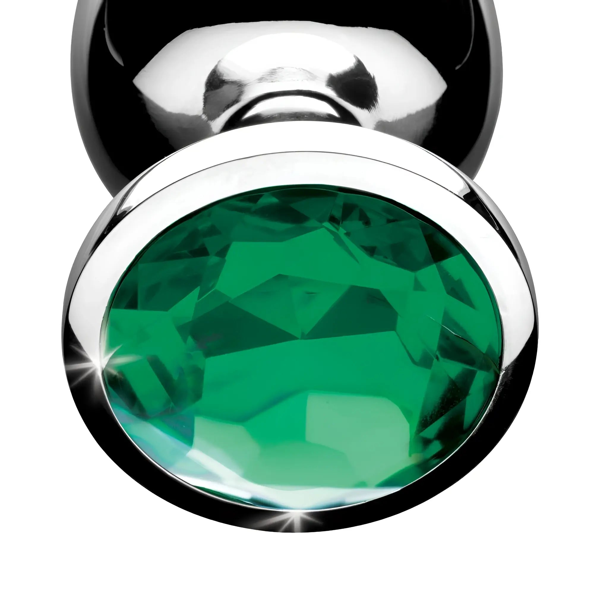Booty Sparks Emerald Gem anal plug featuring a polished silver base and a large, multifaceted emerald green jewel.