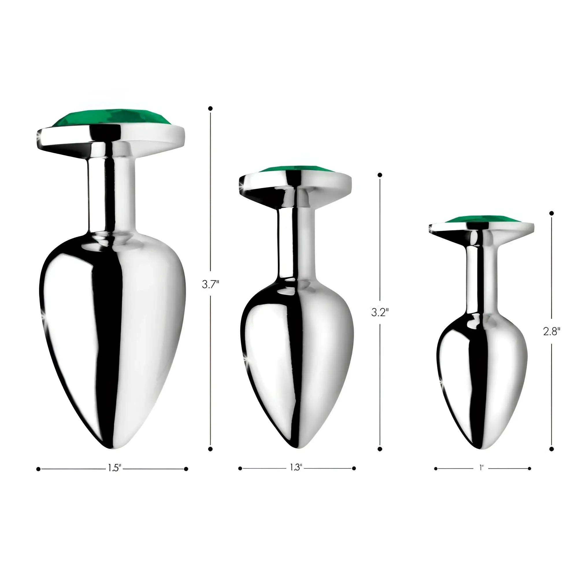 Booty Sparks Emerald Gem anal plug set: three silver metal plugs with green jewel bases, showing dimensions in inches.