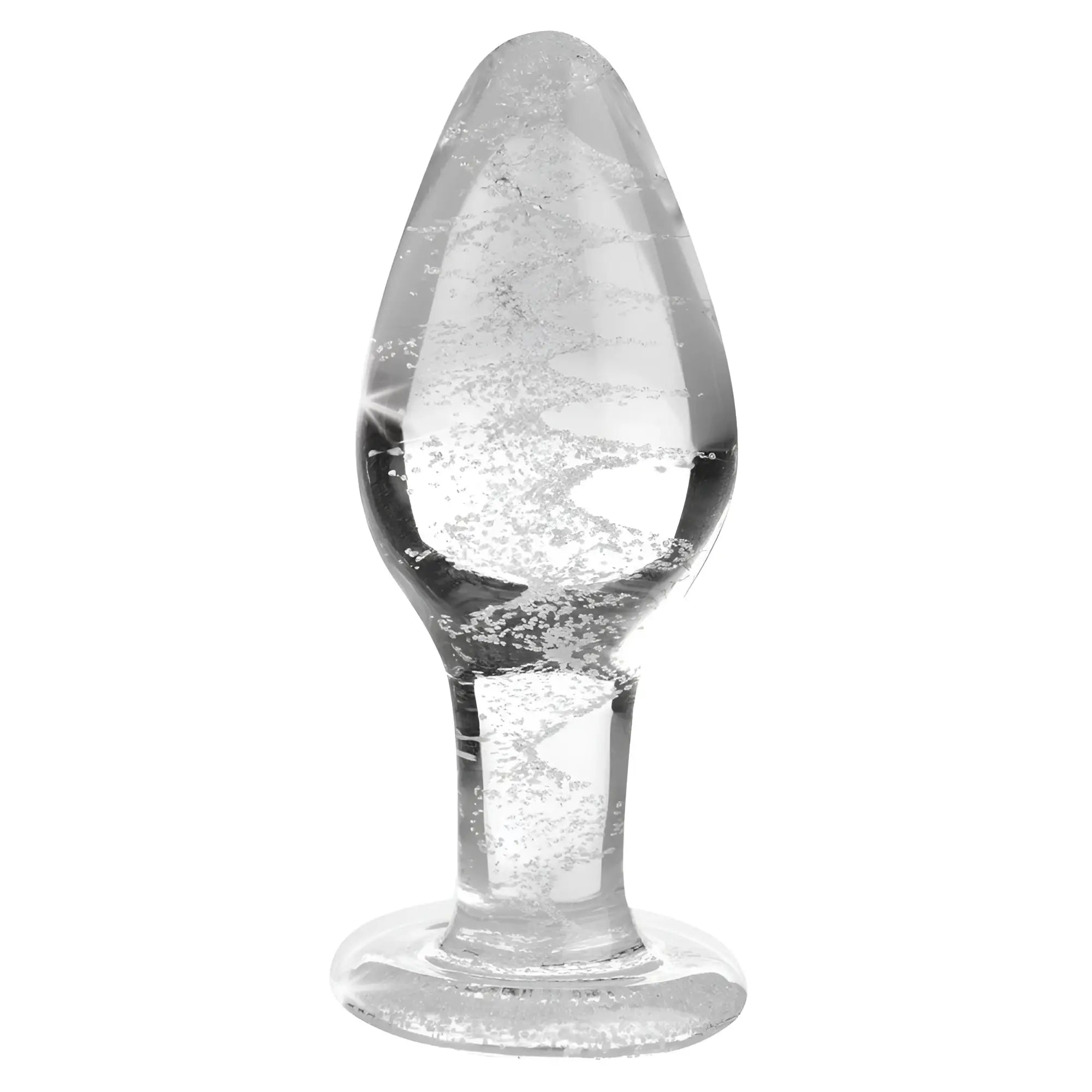 Booty Sparks clear glass anal plug with a sparkling, swirl-patterned interior on a white background.
