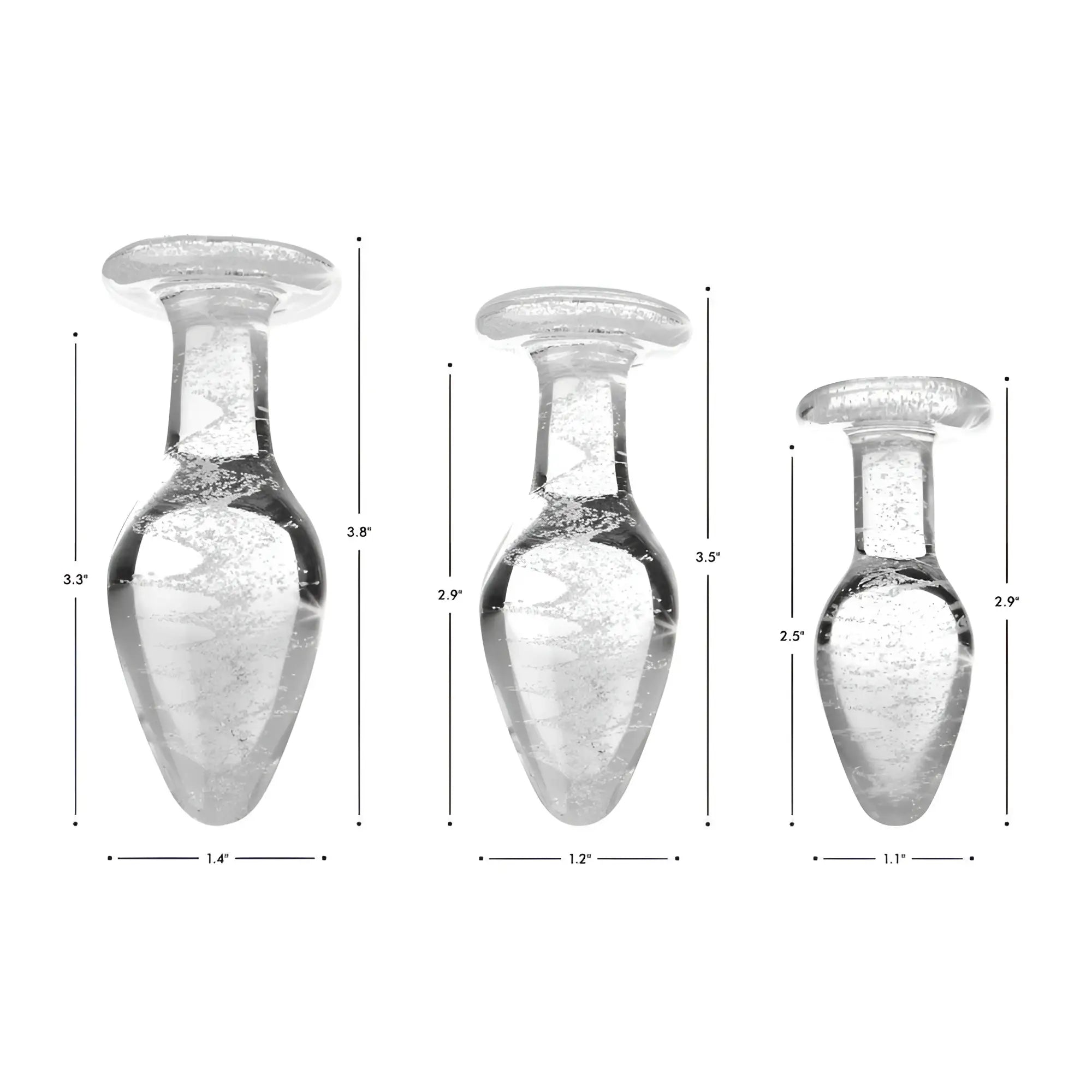 Booty Sparks Glow-in-the-Dark Glass Anal Plugs in three sizes, shown with height and width dimensions on a white background.