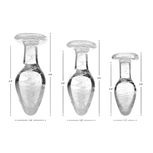 Booty Sparks Glow-in-the-Dark Glass Anal Plugs in three sizes, shown with height and width dimensions on a white background.