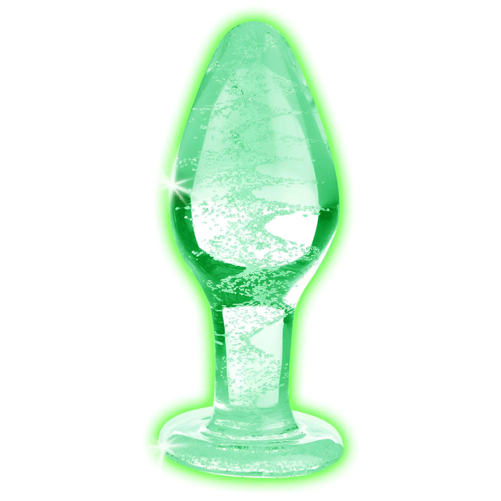 Booty Sparks glow-in-the-dark green glass anal plug with a spiral bubble pattern.