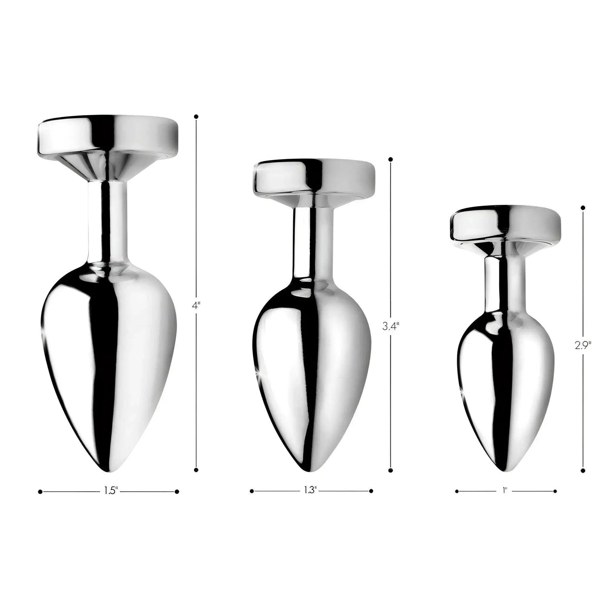 Three Booty Sparks light up anal plugs in metallic silver, shown in graduated sizes with measurement labels.