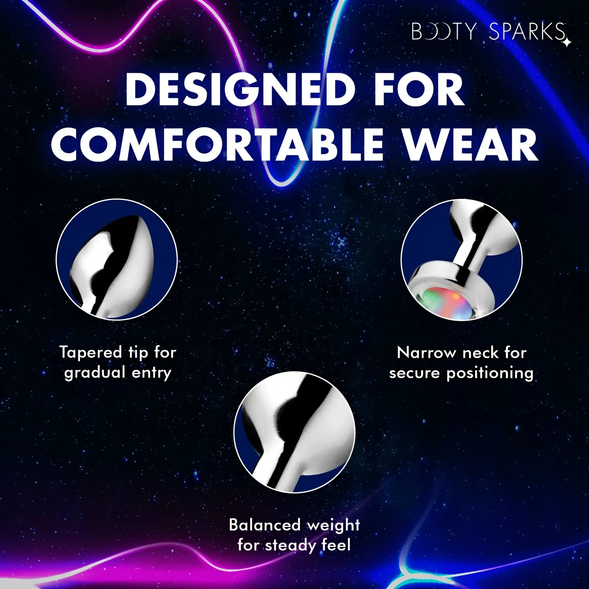 Booty Sparks light-up silver metal anal plug. Features show tapered tip, narrow neck, and balanced base design.