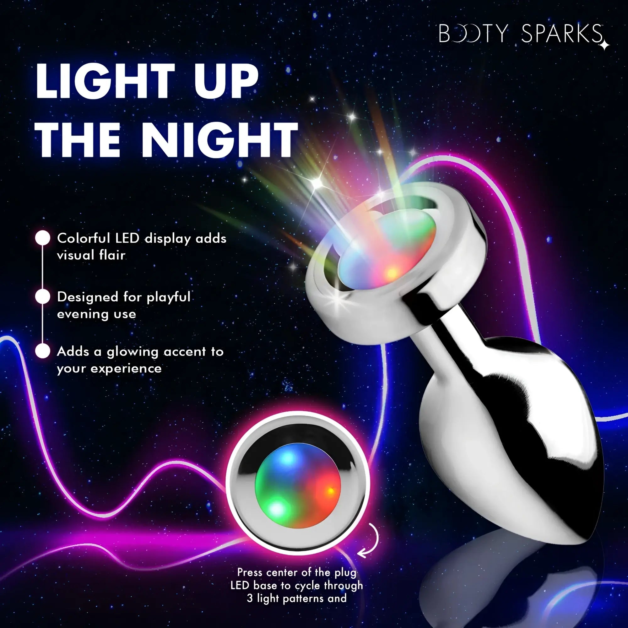 Booty Sparks Light Up Anal Plug: A metallic silver plug with a multi-colored LED glowing base on a starry background.